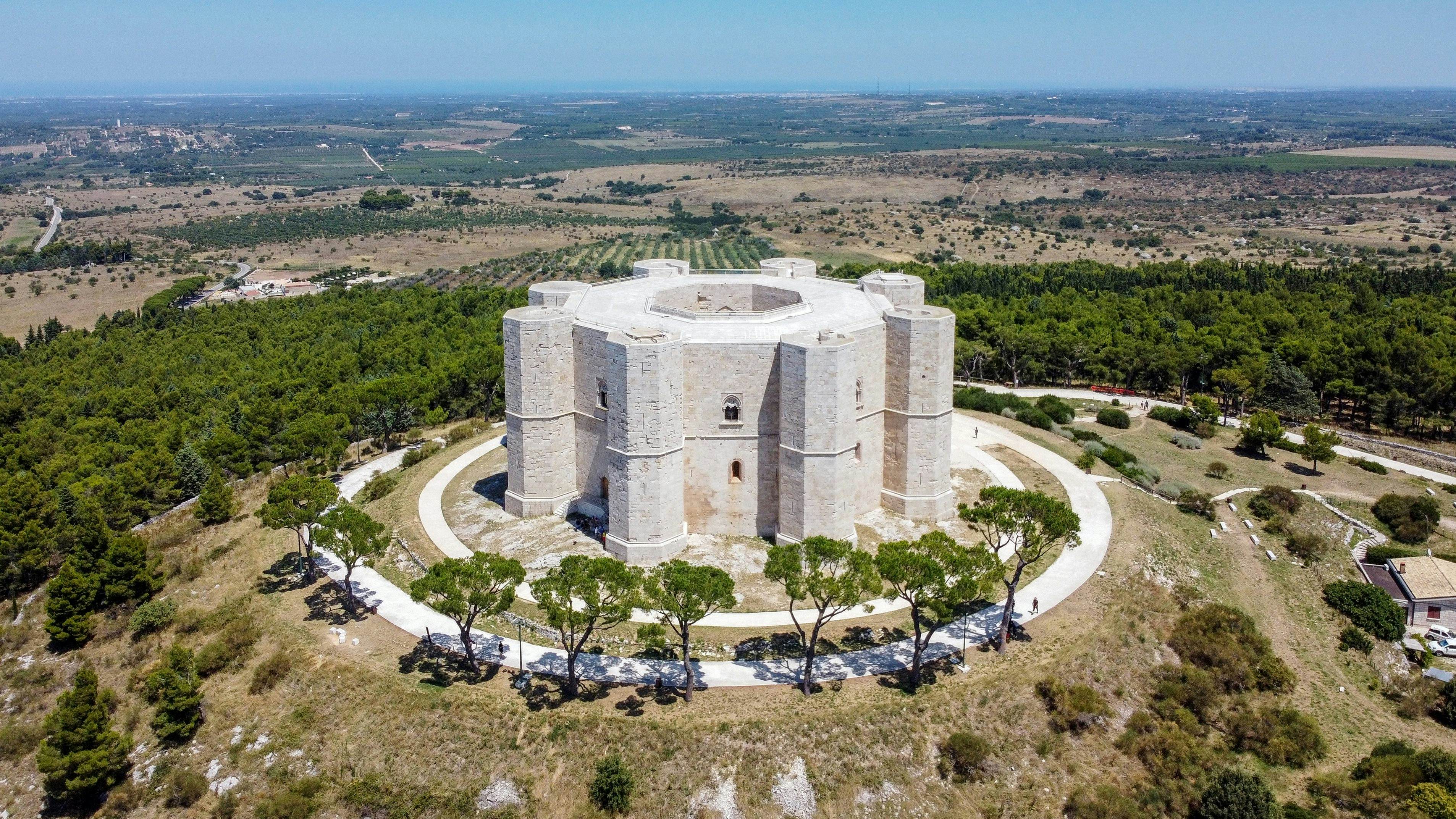 Aerial view of the Castel del Monte in Southern Italy - Octogonal shaped castle built by the Holy Roman Emperor Frederick II in the 13th century in Apulia; Shutterstock ID 1801891420; your: Bridget Brown; gl: 65050; netsuite: Online Editorial; full: POI Image Update
